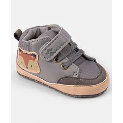Cute Walk by Babyhug Velcro Closure Booties with Fox Patch -  Grey