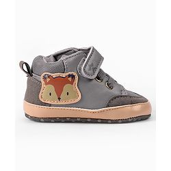 Cute Walk by Babyhug Velcro Closure Booties with Fox Patch -  Grey