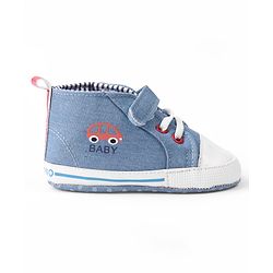 Cute Walk by Babyhug Velcro Closure Booties with Car Print- Sky Blue