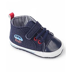 Cute Walk by Babyhug Velcro Closure Booties with Car Print- Sky Blue