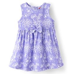 Babyhug Single Jersey Knit Sleeveless Frock with Floral Print & Bow Applique - Multicolor