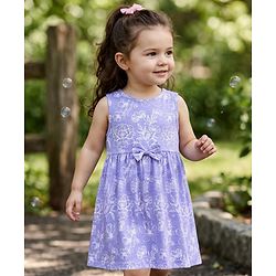 Babyhug Single Jersey Knit Sleeveless Frock with Floral Print & Bow Applique - Multicolor