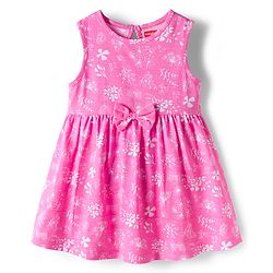 Babyhug 100% Cotton Knit Sleeveless Floral Printed Frock With Bow Applique - Multicolour