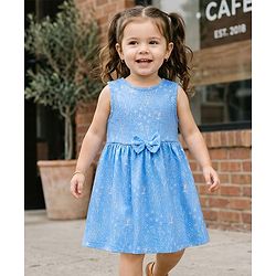 Babyhug Single Jersey Knit Antibacterial Sleeveless Floral Printed Frock with Bow Applique - Blue