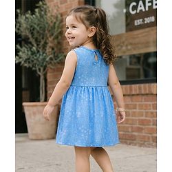 Babyhug Single Jersey Knit Antibacterial Sleeveless Floral Printed Frock with Bow Applique - Blue