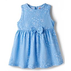 Babyhug Single Jersey Knit Antibacterial Sleeveless Floral Printed Frock with Bow Applique - Blue