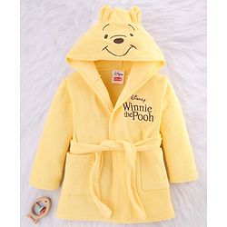 Babyhug Disney Terry Knit Full Sleeves Hooded Bath Robe with Pockets & Winnie the Pooh Graphic - Yellow