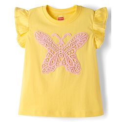 Babyhug Cotton Knit Half Sleeves Crochet Butterfly Embroidered T-Shirt - Yellow