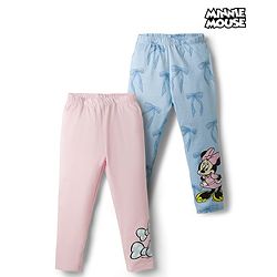 Babyhug Disney Knit Full Length Leggings with Minnie Mouse Graphics Pack of 2 - Pink & Light Blue