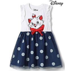 Babyhug Disney 100% Cotton Knit Sleeveless Frock With Marie Graphic & Mesh Detailing - Multicolor