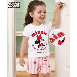 Babyhug Disney Single Jersey Knit Half Sleeves T-Shirt & Striped Shorts Night Suit With Minnie Mouse Graphic & Cherry Print - White