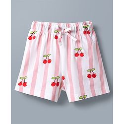 Babyhug Disney Single Jersey Knit Half Sleeves T-Shirt & Striped Shorts Night Suit With Minnie Mouse Graphic & Cherry Print - White