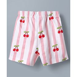Babyhug Disney Single Jersey Knit Half Sleeves T-Shirt & Striped Shorts Night Suit With Minnie Mouse Graphic & Cherry Print - White