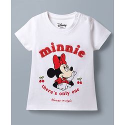 Babyhug Disney Single Jersey Knit Half Sleeves T-Shirt & Striped Shorts Night Suit With Minnie Mouse Graphic & Cherry Print - White