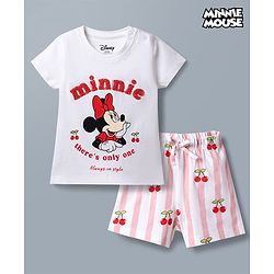 Babyhug Disney Single Jersey Knit Half Sleeves T-Shirt & Striped Shorts Night Suit With Minnie Mouse Graphic & Cherry Print - White