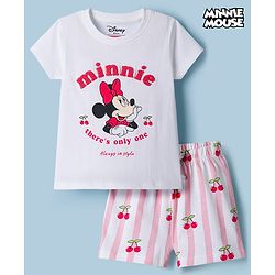 Babyhug Disney Single Jersey Knit Half Sleeves T-Shirt & Striped Shorts Night Suit With Minnie Mouse Graphic & Cherry Print - White
