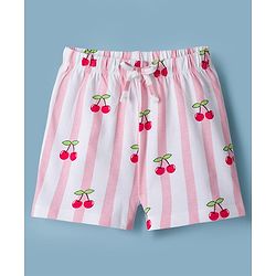 Babyhug Disney Single Jersey Knit Half Sleeves T-Shirt & Striped Shorts Night Suit With Minnie Mouse Graphic & Cherry Print - White
