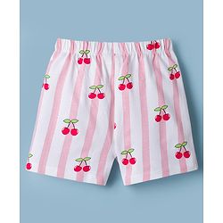 Babyhug Disney Single Jersey Knit Half Sleeves T-Shirt & Striped Shorts Night Suit With Minnie Mouse Graphic & Cherry Print - White