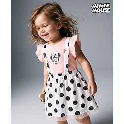 Babyhug Disney 100% Cotton Knit Half Frill Sleeves Top & Skirt Set With Polka Dots & Minnie Mouse Graphic - Pink & White