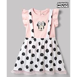 Babyhug Disney 100% Cotton Knit Half Frill Sleeves Top & Skirt Set With Polka Dots & Minnie Mouse Graphic - Pink & White