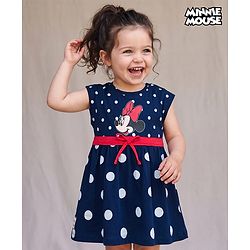 Babyhug Disney Single Jersey Knit Sleeveless Frock With Polka Dots & Minnie Mouse Graphics - Navy Blue