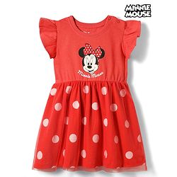 Babyhug Disney 100% Cotton Knit Half Frill Sleeves Frock With Minnie Mouse Graphics & Mesh Detailing - Red