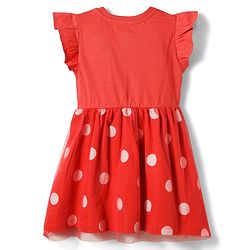 Babyhug Disney 100% Cotton Knit Half Frill Sleeves Frock With Minnie Mouse Graphics & Mesh Detailing - Red