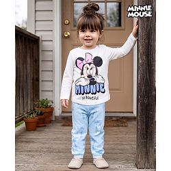 Babyhug Disney Single Jersey Knit Full Sleeves T-Shirt & Pyjama Night Suit With Minnie Mouse Graphic & Bow Print - White
