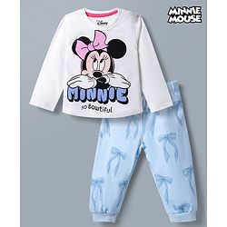 Babyhug Disney Single Jersey Knit Full Sleeves T-Shirt & Pyjama Night Suit With Minnie Mouse Graphic & Bow Print - White
