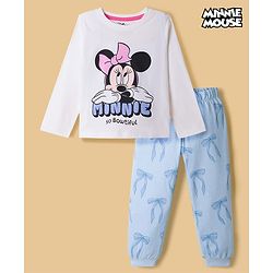 Babyhug Disney Single Jersey Knit Full Sleeves T-Shirt & Pyjama Night Suit With Minnie Mouse Graphic & Bow Print - White