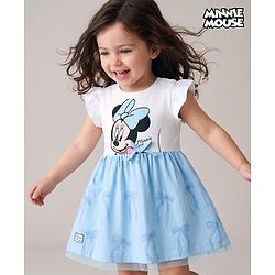 Babyhug Disney Single Jersey Knit Sleeveless Frock with Disney Princess Print & Mesh Detailing - Light Blue