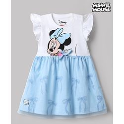Babyhug Disney Single Jersey Knit Sleeveless Frock with Disney Princess Print & Mesh Detailing - Light Blue