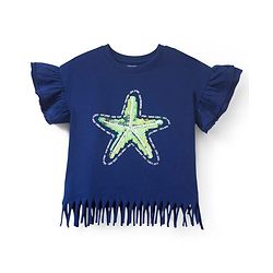 Babyhug Cotton Knit Half Sleeves T-Shirt With Starfish Sequin Detailing - Multicolor