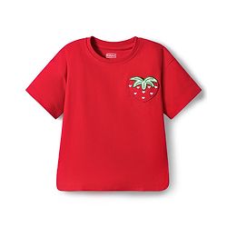 Babyhug 100% Cotton Knit Half Sleeves Oversized T-Shirt with Strawberry Patch Detailing - Red