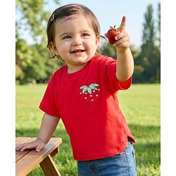 Babyhug 100% Cotton Knit Half Sleeves Oversized T-Shirt with Strawberry Patch Detailing - Red