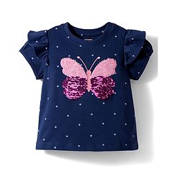 Babyhug Cotton Knit Half Sleeves Polka Dot Printed T-Shirt with Reversible Sequin Detailing - Navy Blue