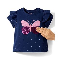 Babyhug Cotton Knit Half Sleeves Polka Dot Printed T-Shirt with Reversible Sequin Detailing - Navy Blue