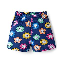 Babyhug Cotton Knit Frill Sleeves Front Open Co-ords Top & Short Night Suit with Floral Print - Navy Blue