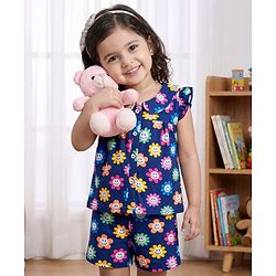 Babyhug Cotton Knit Frill Sleeves Front Open Co-ords Top & Short Night Suit with Floral Print - Navy Blue