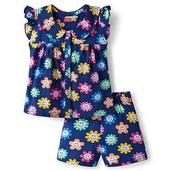 Babyhug Cotton Knit Frill Sleeves Front Open Co-ords Top & Short Night Suit with Floral Print - Navy Blue