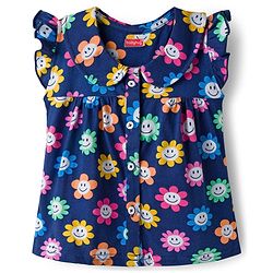 Babyhug Cotton Knit Frill Sleeves Front Open Co-ords Top & Short Night Suit with Floral Print - Navy Blue