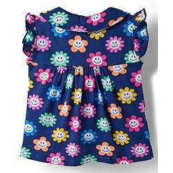 Babyhug Cotton Knit Frill Sleeves Front Open Co-ords Top & Short Night Suit with Floral Print - Navy Blue