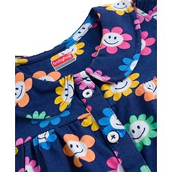 Babyhug Cotton Knit Frill Sleeves Front Open Co-ords Top & Short Night Suit with Floral Print - Navy Blue