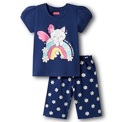 Babyhug Cotton Knit Half Sleeves T-Shirt & Capri Night Suit With Cat & Floral Print - Navy Blue
