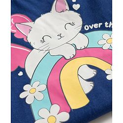 Babyhug Cotton Knit Half Sleeves T-Shirt & Capri Night Suit With Cat & Floral Print - Navy Blue