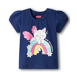 Babyhug Cotton Knit Half Sleeves T-Shirt & Capri Night Suit With Cat & Floral Print - Navy Blue
