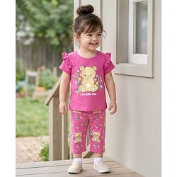 Babyhug Cotton Knit Half Sleeves T-Shirt & Capri Night Suit with Bear Print - Pink