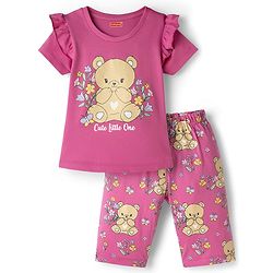 Babyhug Cotton Knit Half Sleeves T-Shirt & Capri Night Suit with Bear Print - Pink