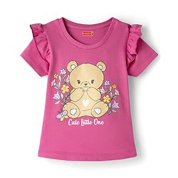 Babyhug Cotton Knit Half Sleeves T-Shirt & Capri Night Suit with Bear Print - Pink