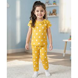 Babyhug Cotton Knit Half Sleeves T-Shirt & Pyjama Co-ord Night Suit With Polka Dot Print - Yellow